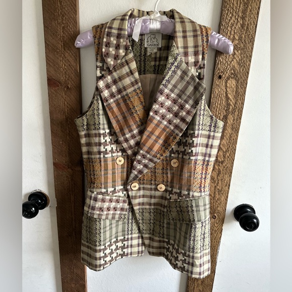 gantos Jackets & Blazers - Gantos Women's Patchwork Plaid Double-Breasted Vest in Olive & Tan